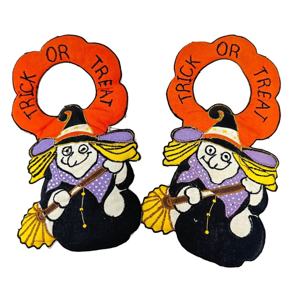 Vintage Halloween Witch Trick Or Treat Fabric Door Hangers Set Of 2